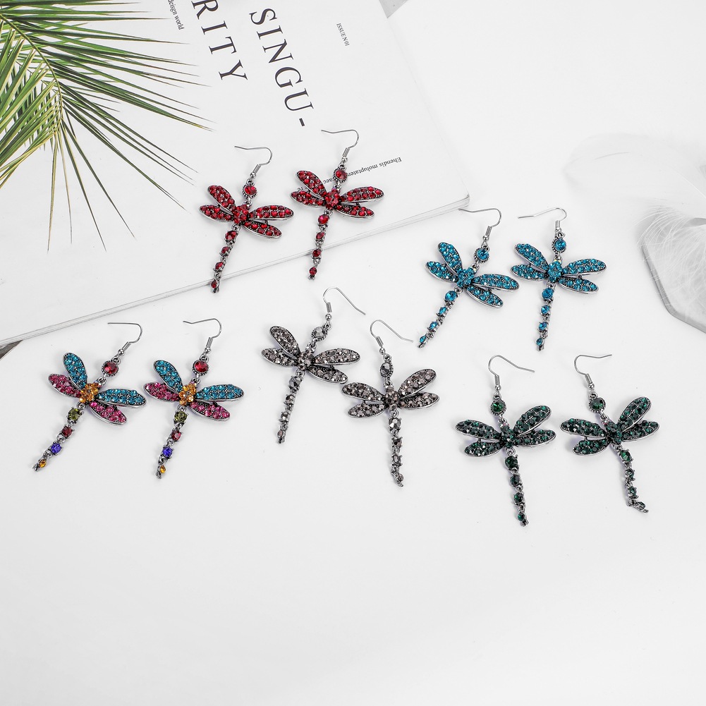 1 Pair Retro Dragonfly Alloy Inlay Rhinestones Women's Drop Earrings display picture 2