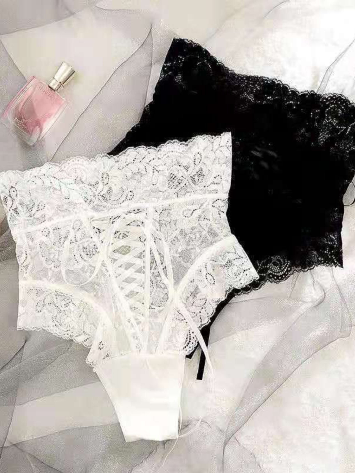Women’s Black See-Through Lace Triangle Panties, Hollow-Out XXL — detail image 7