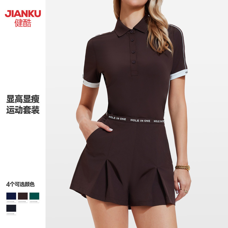 Cross-Border New Style Nude-Feel Sports Suit for Women, Casual Lapel Golf Polo Shirt, Outdoor Running Tennis Suit Set