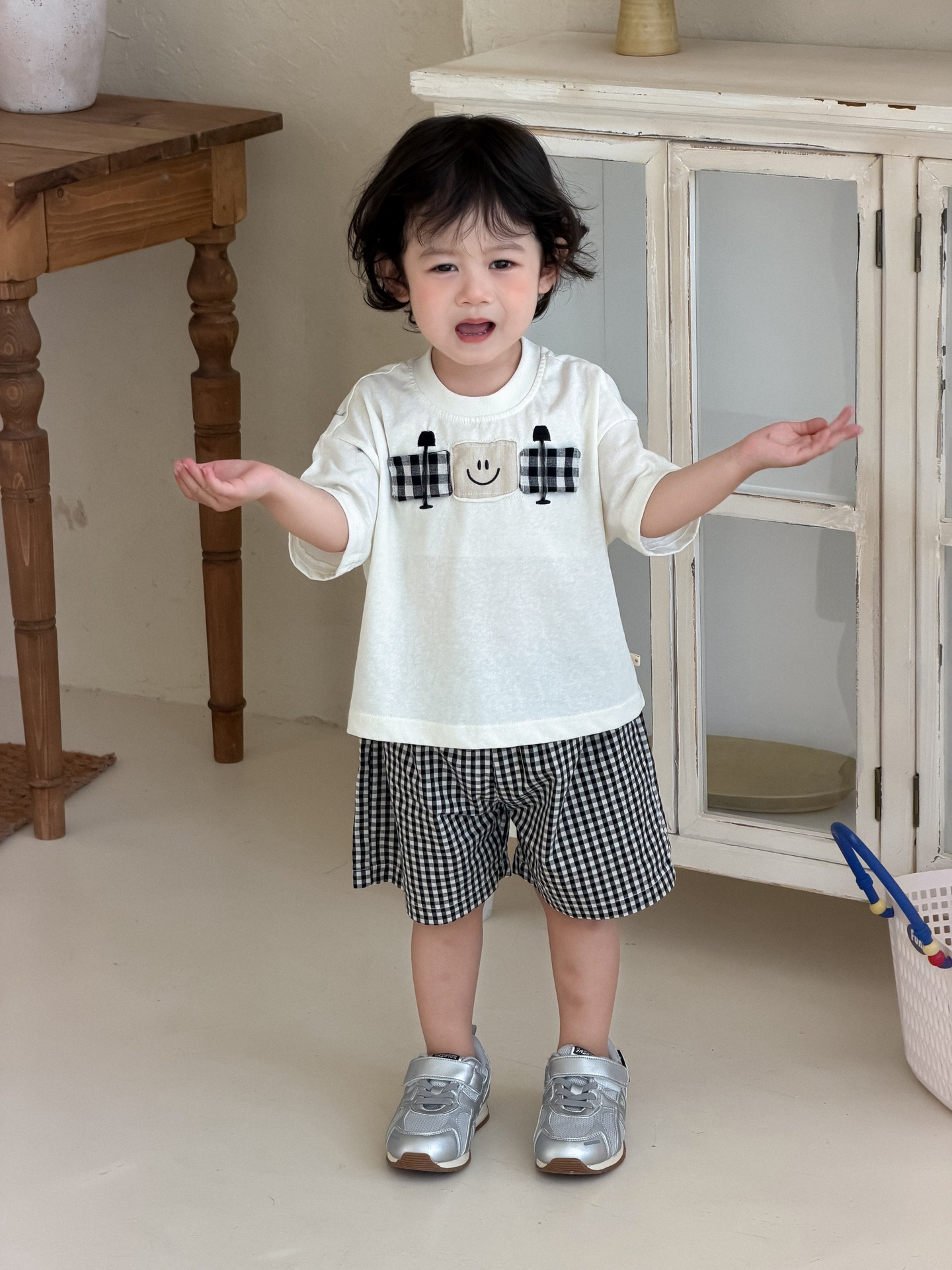 Boys' Summer Short-Sleeved T-Shirt Plaid Shorts Set Thin 2026 Korean Style Children's Clothing Baby Summer Clothes