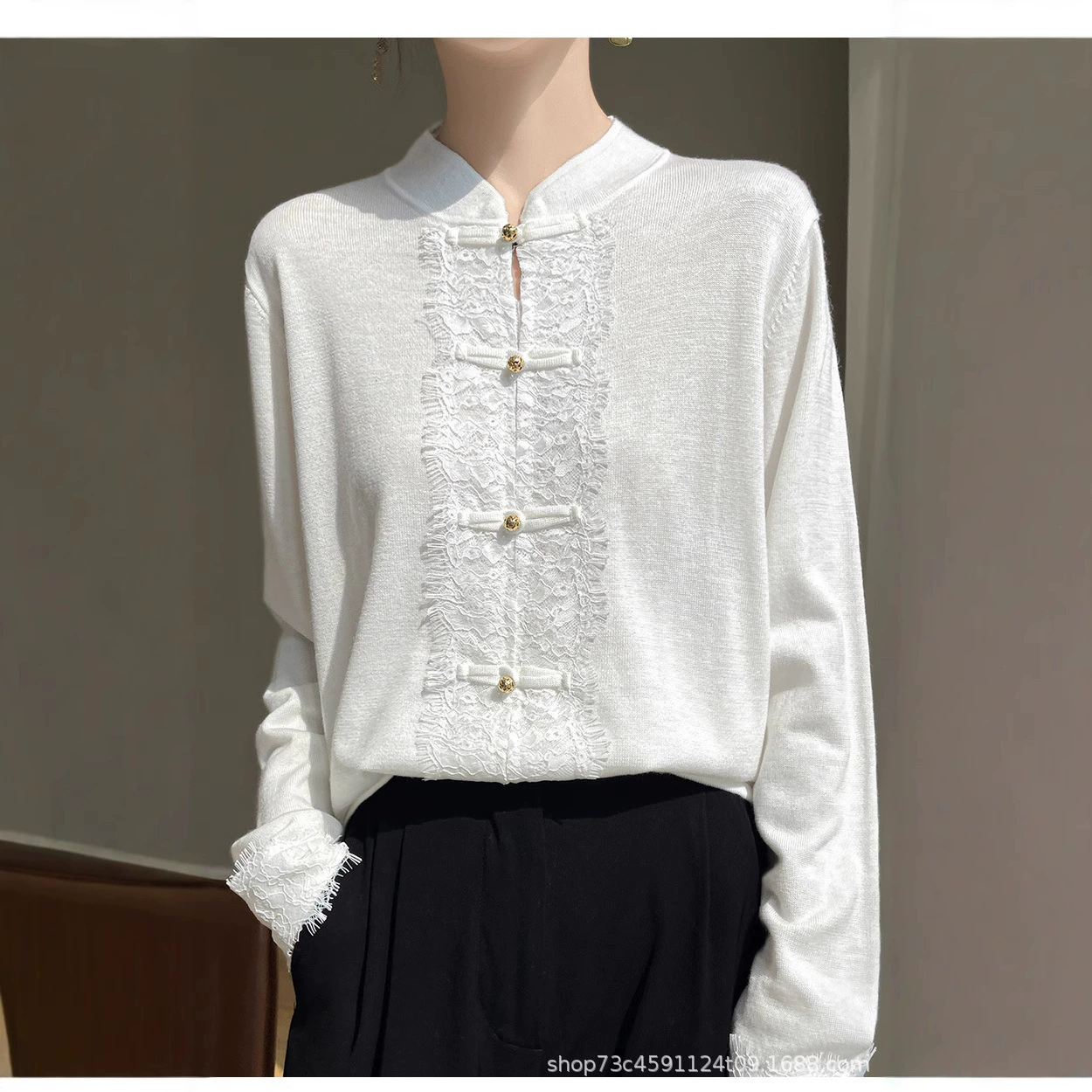 Новый китайский камвольный шерстяной трикотаж женский 2025 новый новый стиль пригородный воротник с длинными рукавами