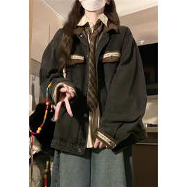 美式复古慵懒风翻领牛仔外套女2025春秋学生韩版宽松百搭夹克上衣