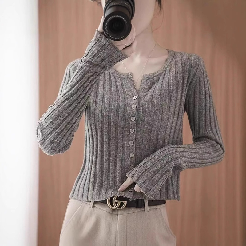 Knitted Cardigan for Women 2024 Autumn and Winter Short Style High-Waisted Slim-Fit Round Neck Jacket Long-Sleeve Sweater Trendy Thin Style