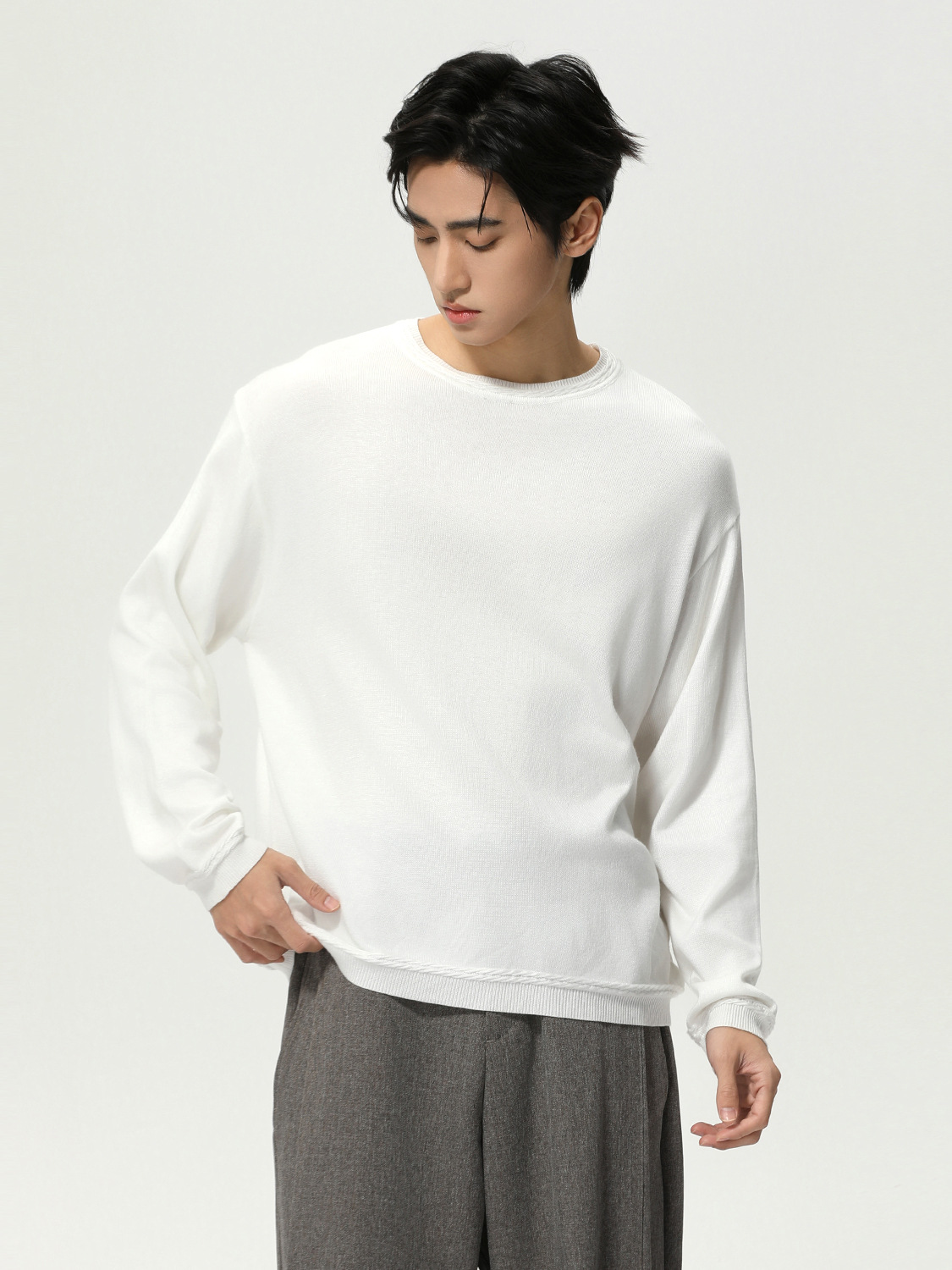 MTLCLOTHES Hombres| Coreano simple color sólido cuello redondo jersey de punto suelto suéter de moda casual