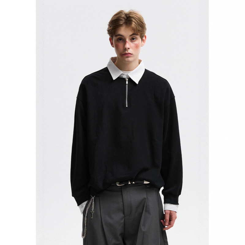 American Retro Fake Two-Piece Polo Collar Sweatshirt for Men in Autum American Cleanfit Preppy Style Half-Zip Top