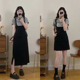 大码连衣裙女夏季新款翻领短袖拼接假两件高腰显瘦胖长裙子