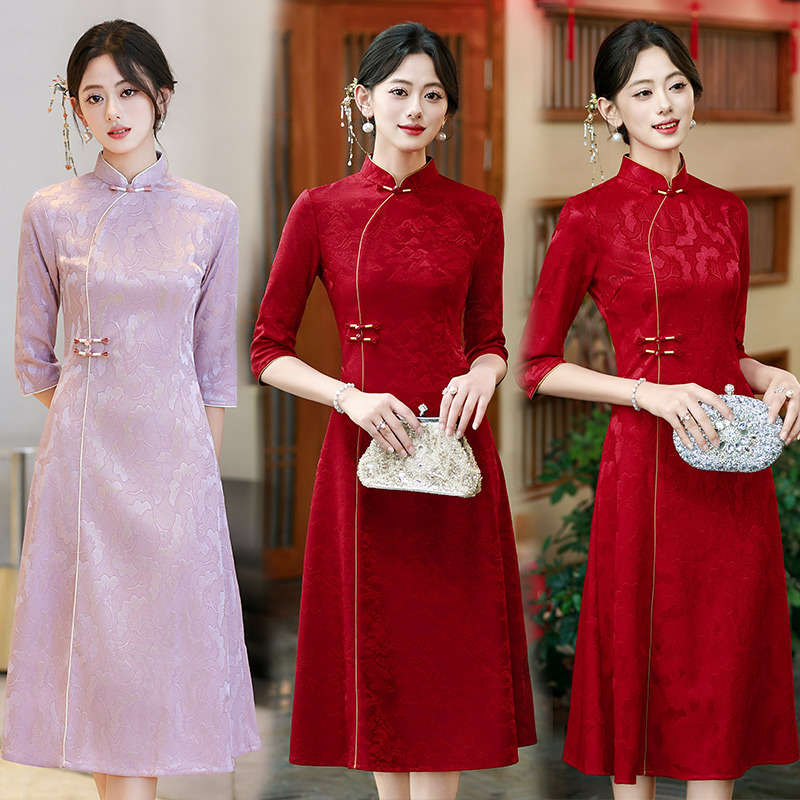 红色喜妈妈喜婆婆婚宴装礼服新中式苏州秋季旗袍中袖改良女连衣裙