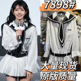 明星同款白色细格纹双领长袖低腰衬衫连衣裙早春学院风短裙女