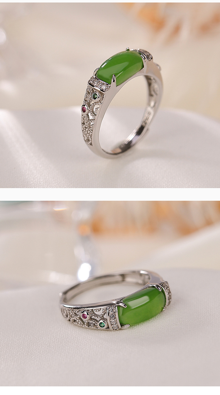Nhẫn bạc S925 mạ vàng đính đá Hetian jasper rỗng cá tính — Kiểu mạ bạch kim, Kiểu mạ vàng chi tiết 4
