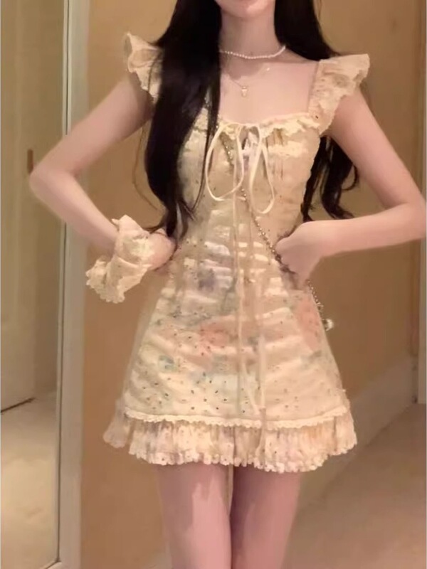 Garden Party Sweet Dress Garden Party Pure Desire Style Sweet Slimming Temperament Lace Flying Sleeve Dress