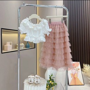 Girl's Summer Long Skirt 2025 Summer New Style Western Style Top Fashionable Girl's Skirt Breathable Veil Skirt suit