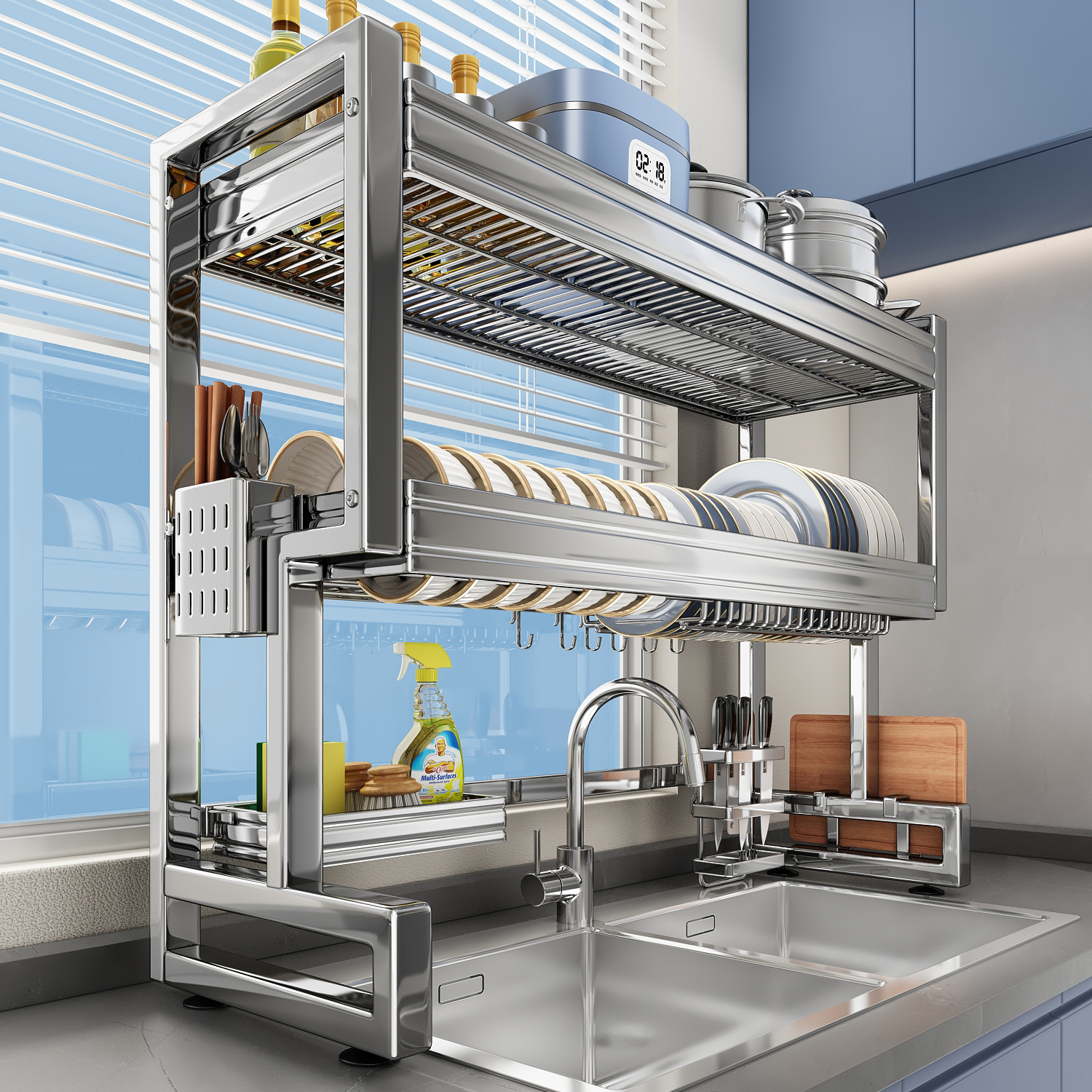 Kitchen Sink Storage Rack Countertop Dishwashing Sink Cupboard Multi-Functional Dust-Proof Cabinet Door Dish Storage Drain Rack