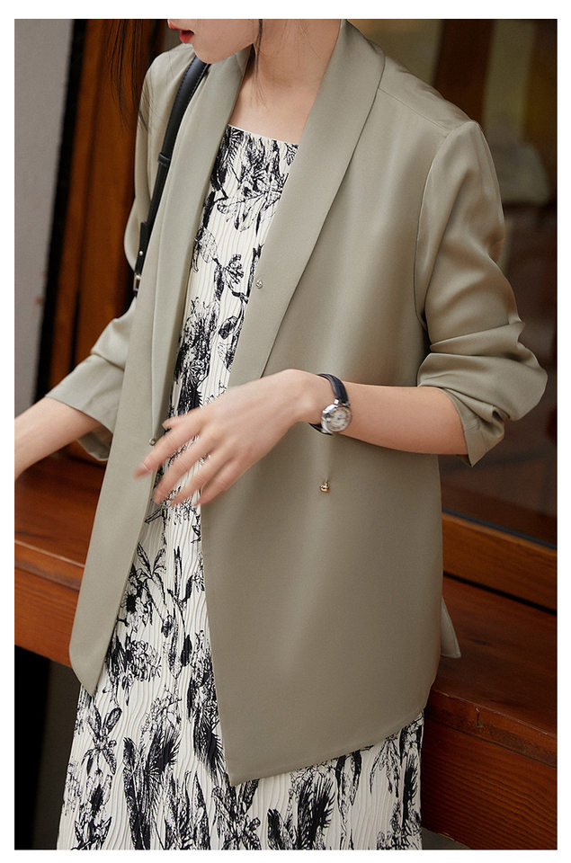 Áo blazer nữ satin thắt eo dáng ôm kiểu Pháp thanh lịch — Trắng ngọc trai, Xám nhạt, Đen đá chi tiết 8