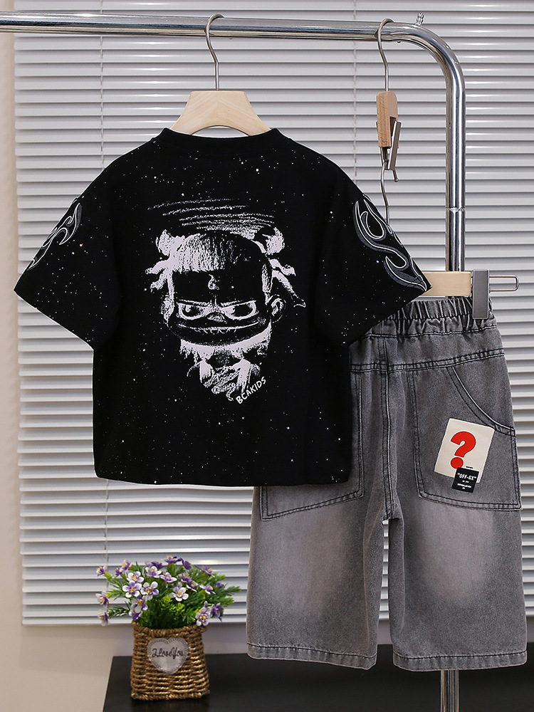 7252 Traje de manga corta para niños Camiseta de moda nacional de verano para niños Cool y guapo, estilo occidental, ropa para niños 2025 nuevo estilo delgado