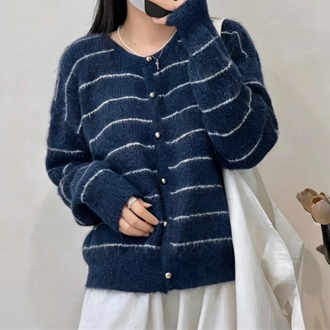 韩版chic条纹毛衣女秋冬新款感减龄针织外套开衫女上衣