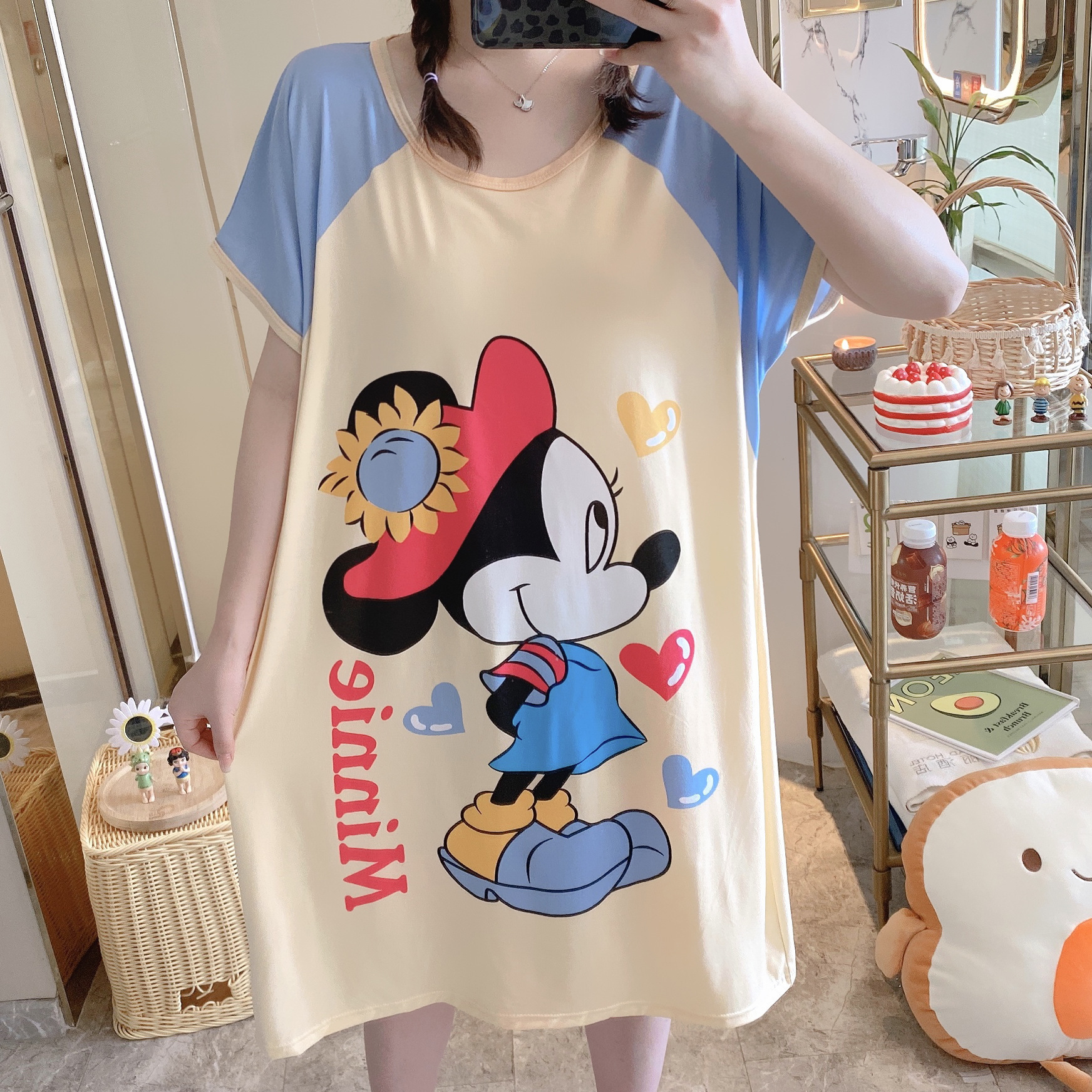 Sudeste asiático barato camisón flojo de las mujeres más tamaño Delgado verano dibujos animados manga corta pijamas inicio desgaste camisón puesto