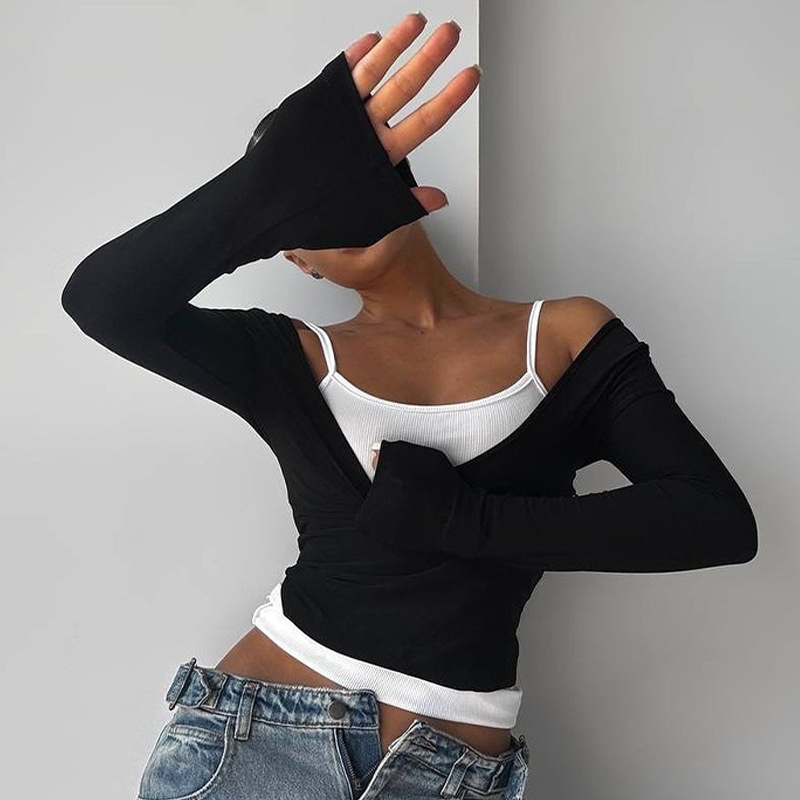 Damenbekleidung, europäisch-amerikanischer Patchwork-Cardigan, T-Shirt, zweiteiliges Set, Farbblock, Langarm, Herbstdesign, sexy_voghion.com