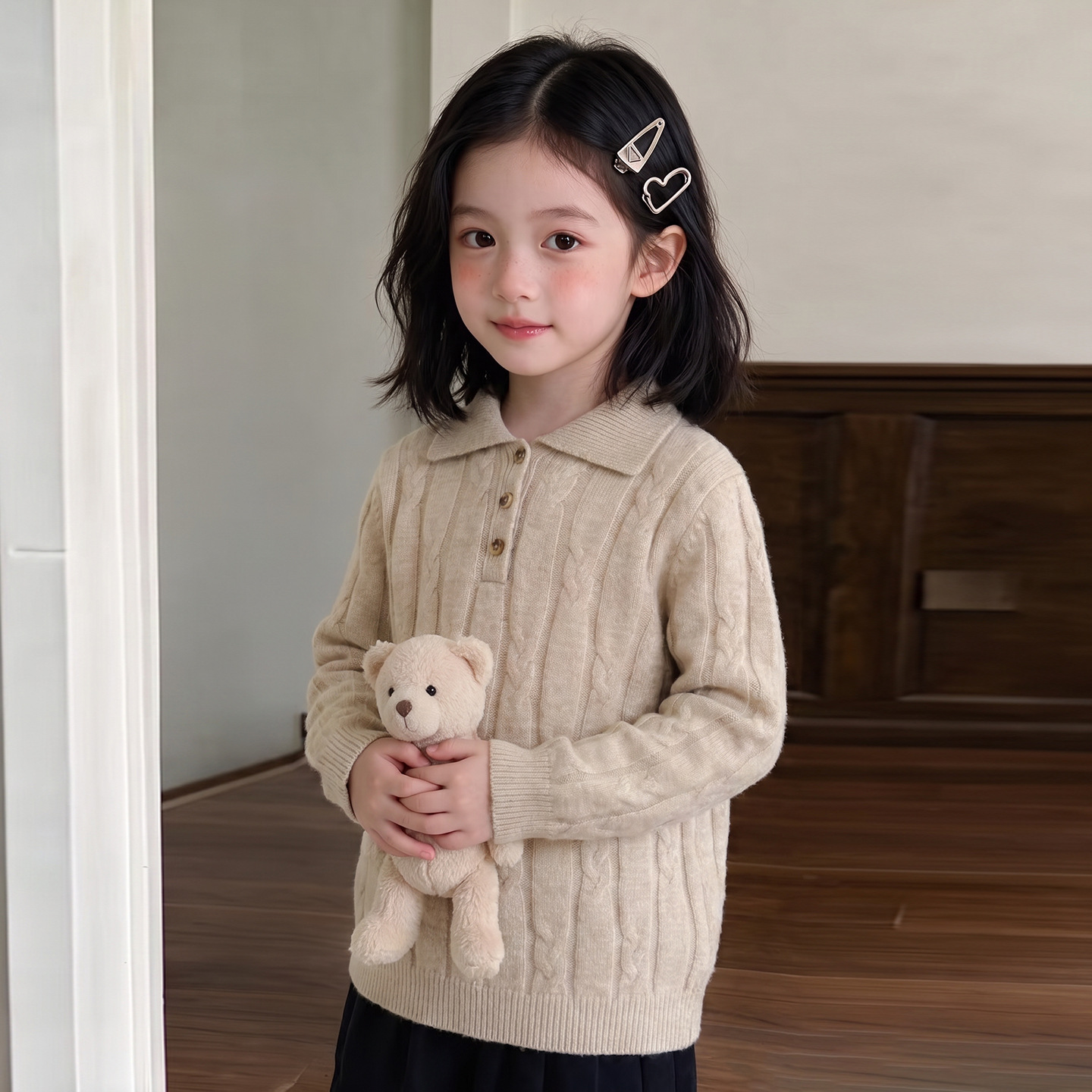 秋冬新款翻领麻花纯羊毛针织毛衣男女童Polo羊毛衫套头打底针织衫