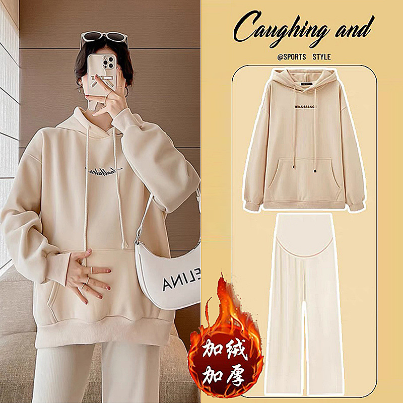 가을, 겨울용 임산부복, 벨벳과 두껍게 처리하여 따뜻함, 한국 스타일, 헐렁하고 배를 가릴 수 있는, 후드가 달린 긴 소매, 캐주얼한 아우터, 전체 세트