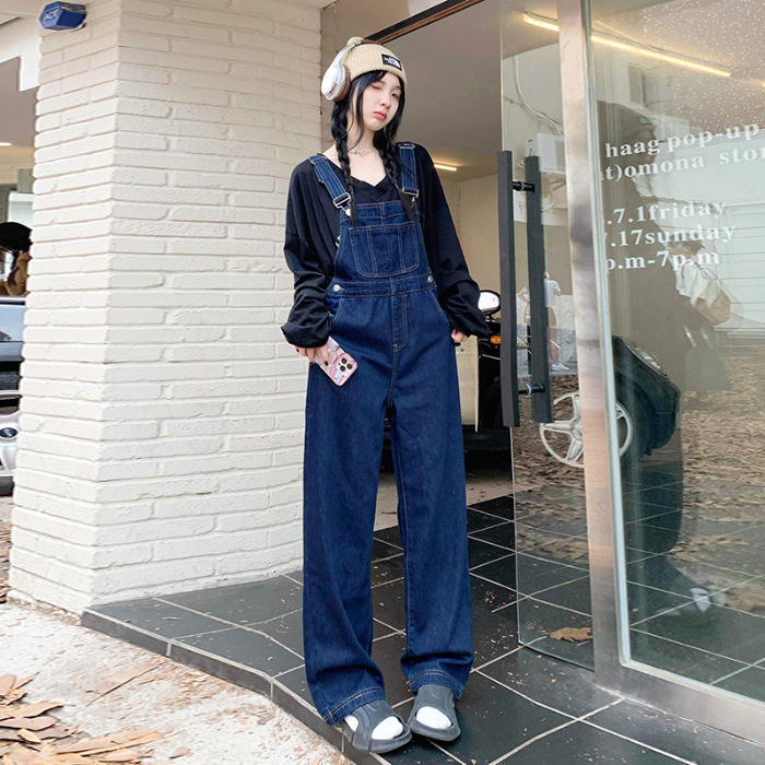 爆款牛仔阔腿背带裤女2025韩版显瘦高腰宽松减龄拖地牛仔背带裤子|undefined