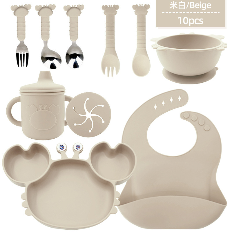 Bebé de grado alimenticio silicona cubierta set cangrejo plato set diez piezas bebés silicona anti-caída resistente al calor ventosa cucharas