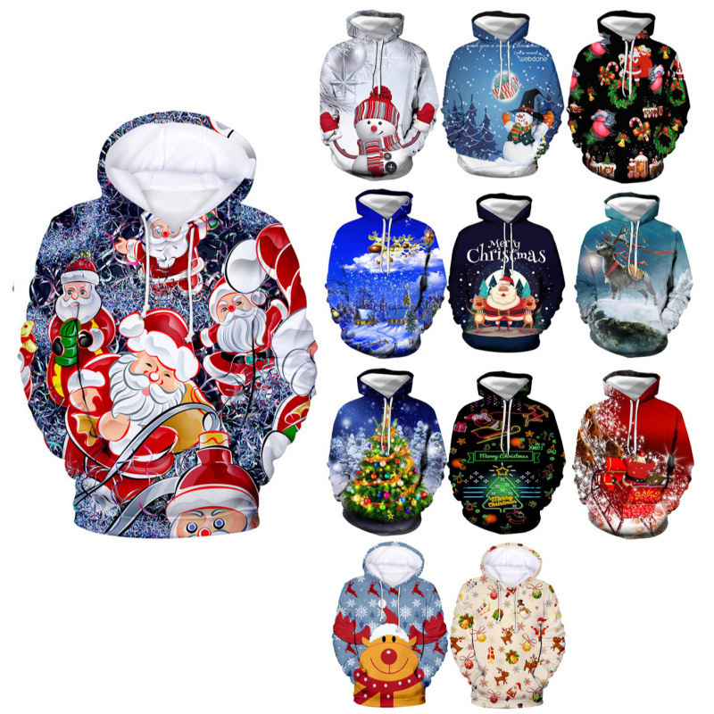 Sports Casual Suit Long-Sleeved Digital Printing Trendy Double-Layer Hat Christmas Sweatshirt European and American Pullover Sweatshirt Suit for Men
