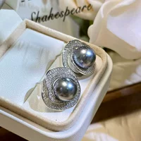 Серьги-гвоздики из серебра S925 с цветком Эрла и жемчугом морской воды 10-11 мм, таитянский черный жемчуг морской воды