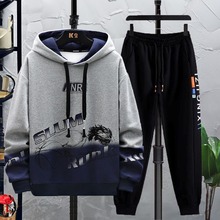 春秋季潮流连帽卫衣套装休闲百搭加肥加大码男装宽松帅气一套搭配