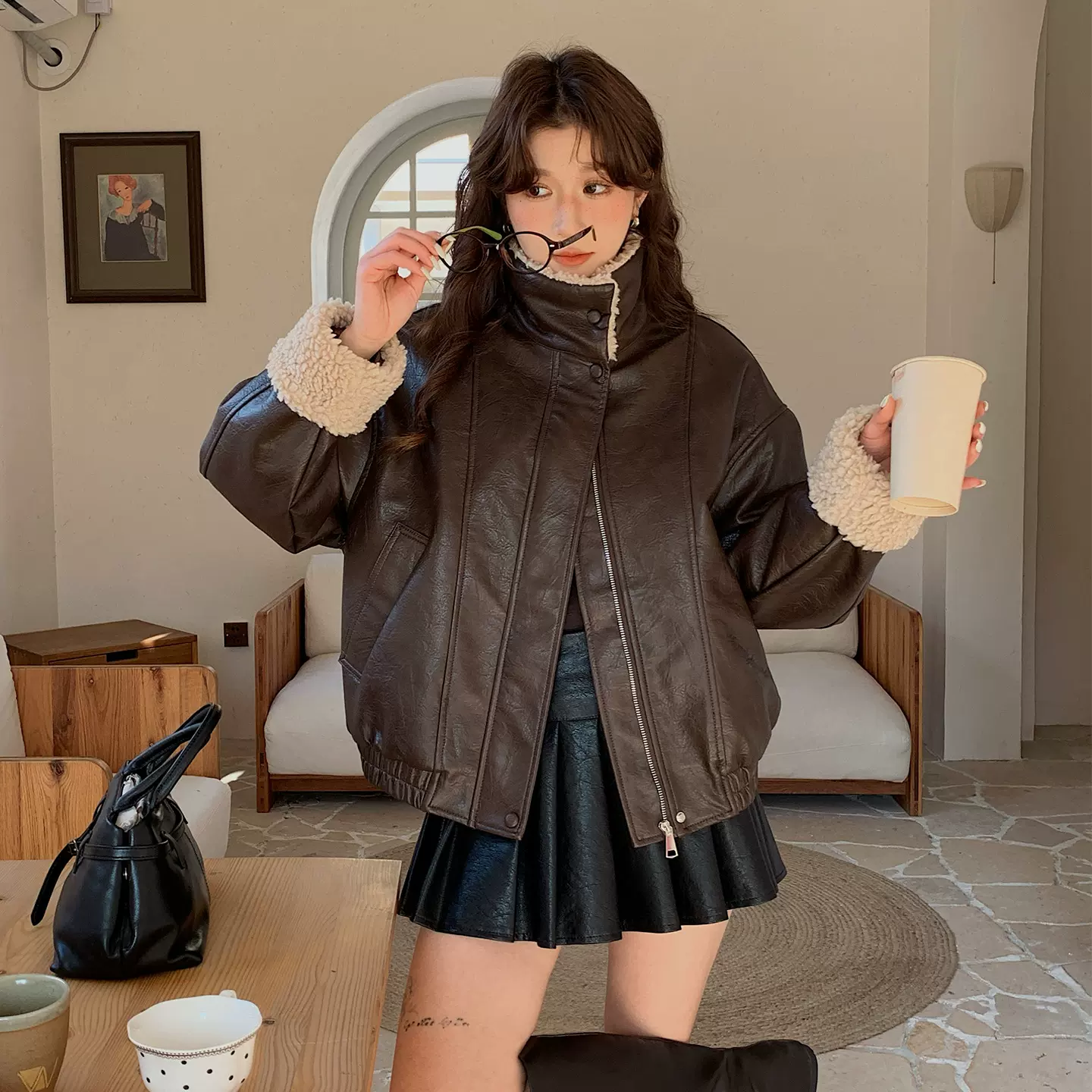 [本初]美拉德皮衣加厚羊羔毛外套女冬季宽松机车夹克上衣小个子