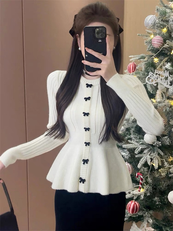 红色圆领蝴蝶结针织衫毛衣女早秋法式设计感御姐优雅修身女装|undefined