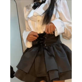 千金公主风一整套穿搭拼接蝴蝶结长袖翻领开衫上衣蓬蓬短裙两件套