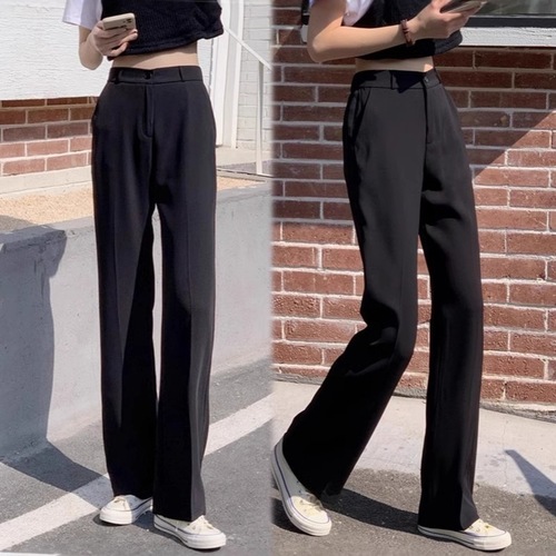 Black Slim Fit Silk Straight Leg Pants for Women 2025 Summer Thin Model Flowy Slimming Wide Leg Casual Suit Pants