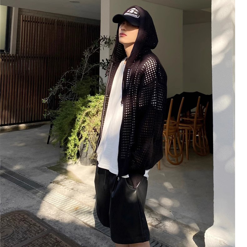 Chaqueta de suéter de punto hueco con capucha, ropa de protección solar transpirable de seda de hielo de verano para hombres, ocio, marea salvaje, comercio exterior transfronterizo al por mayor image 5