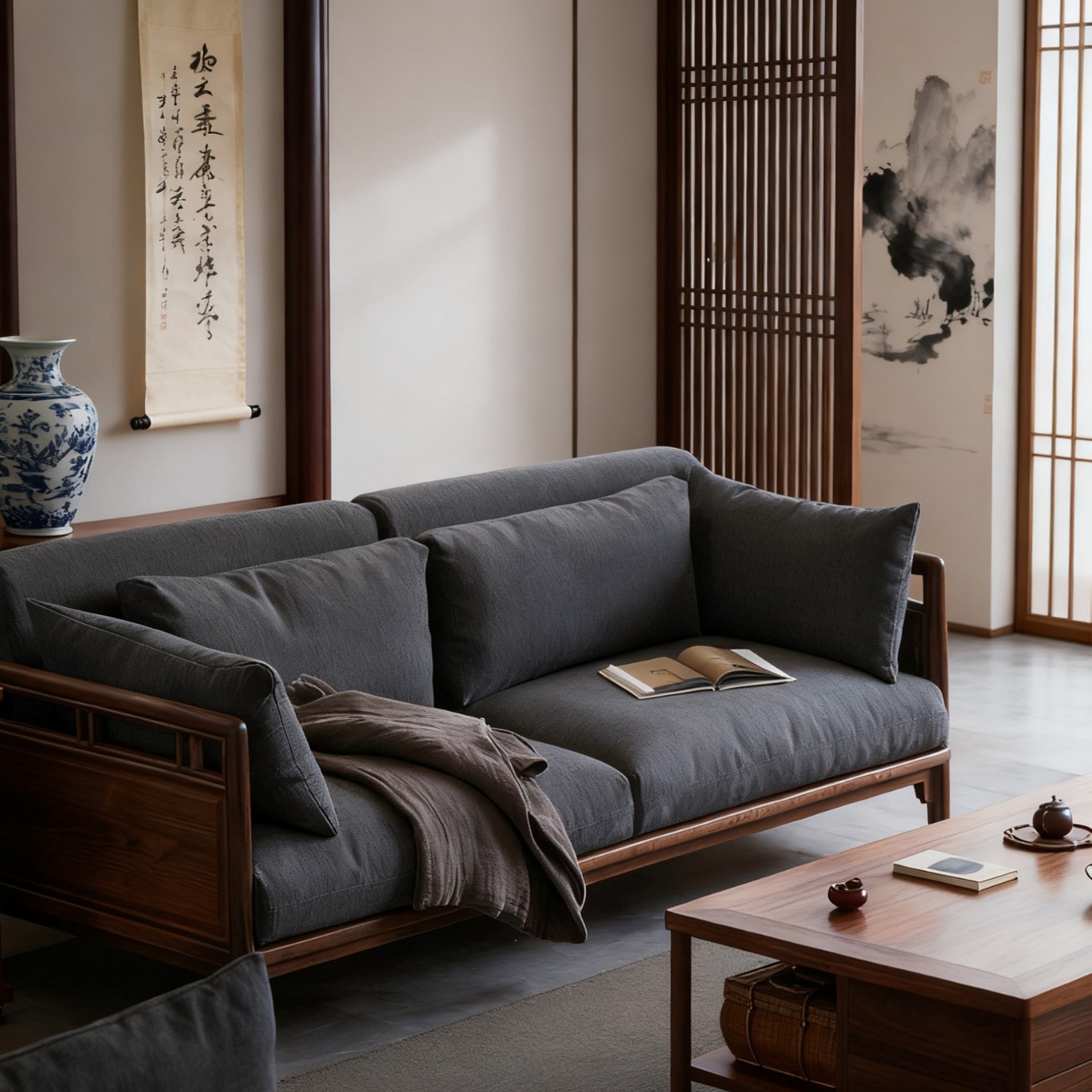 New Chinese Style Black Walnut Three-Seat Solid Wood Mahogany Sofa Combination Ash Wood Song Style Aesthetic Furniture Living Room