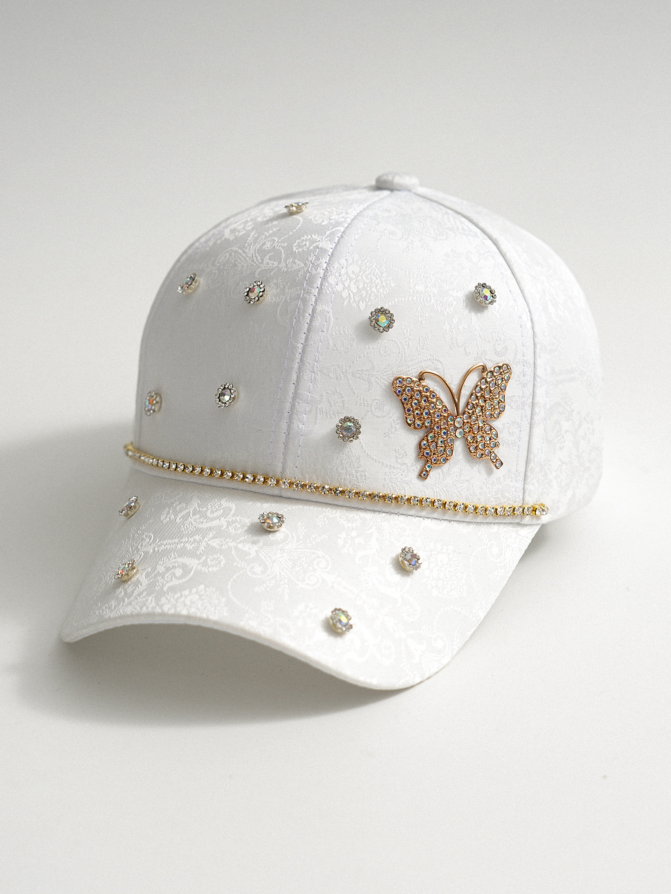 Hombres y mujeres pareja sombrero de béisbol hecho a mano con diamantes lindos mariposa flash flor accesorios de gemas de moda callejera citas