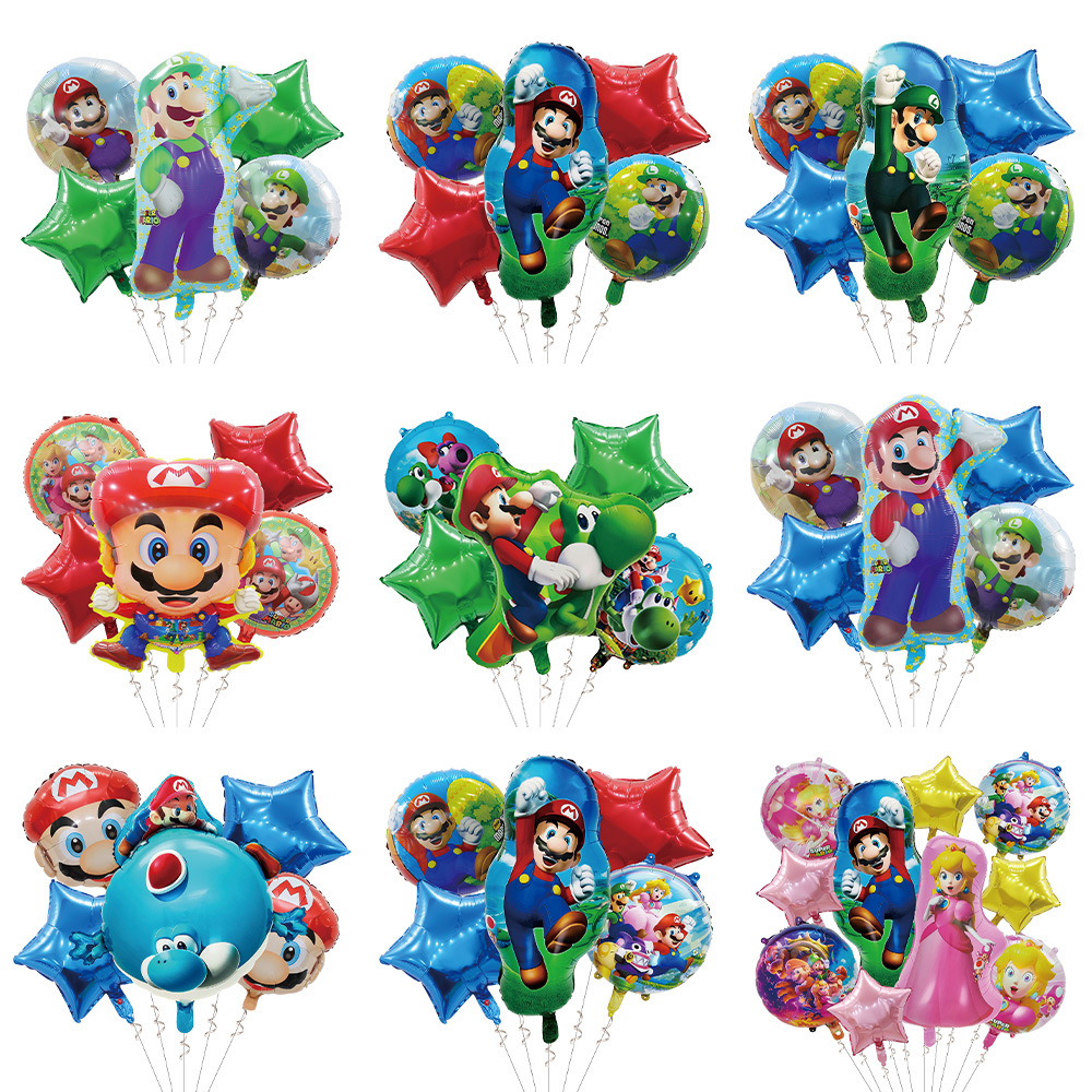 卡通马里奥气球五件套儿童生日玩具派对装饰场景布置铝膜气球批发