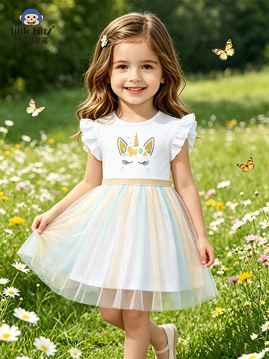 Spring and Summer European and American Style 26-Year-Old Children's Lotus Leaf Short-Sleeve Mesh Dress with Cartoon Animal Print Round Neck in Stock Children's Dress