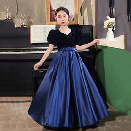 女童走秀礼服2025秋季英伦风丝绒泡泡袖长裙小女孩藏青色演出礼服