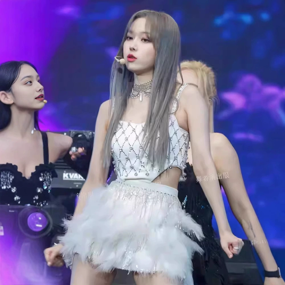 Костюм для выступлений в стиле Kim Min-jeong, комплект из белого платья на тонких бретелях, как у корейской женской группы AESPA, для взрослых, для сцены, выступлений, ночных клубов