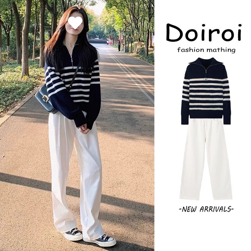 Demi-season retro knitted sweater with zipper