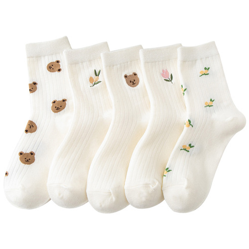 Zhuji Socks Women's Spring New Style Mid-Tube Socks Simple and Versatile Embroidered Cotton Socks Cartoon White Tight JK Socks Wholesale