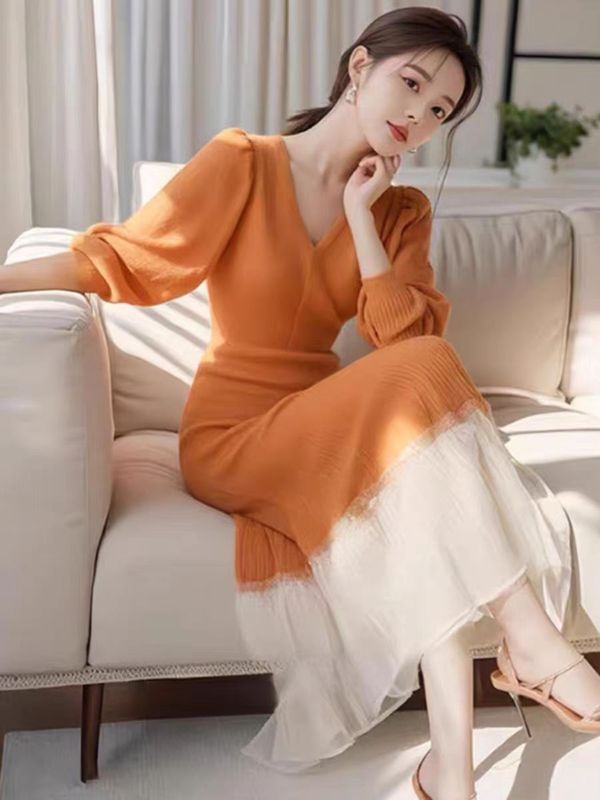 秋季女装2025年新款橘色针织连衣裙子上流社会独特漂亮设计感长裙|undefined