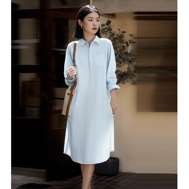 法式高级感翻领长袖亚麻连衣裙女2025夏季新款设计感小众显瘦裙子|undefined