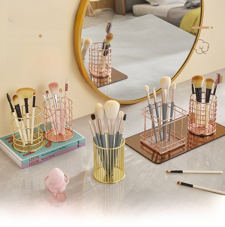 Cross-border Metal Wrought Iron Pen Container Desktop Storage Finishing Basket Eyebrow Pen Cosmetic Brush Storage Barrel Multifunctional Pen Container