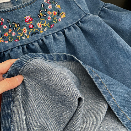 Children's Spring Clothing Kids' New 2024 Girls' Soft Denim Embroidered Dress Long Sleeve Skirt Korean Version Stylish and Versatile