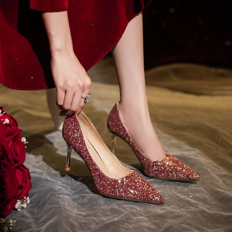 Wedding Dress Xiuhe Red Wedding Shoes Bride's Shoes Women's Stiletto Heels 2023 Engagement Wedding Crystal Sequin Pointed Toe High Heels Wedding Dress Xiuhe Red Wedding Shoes Bride's Shoes Women's Stiletto Heels 2023 Engagement Wedding Crystal Sequin Pointed Toe High Heels