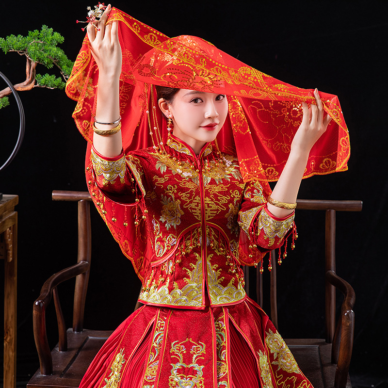 Red Headdress 2022 New Style Headscarf for Xiuhe Dress, Wedding Veil for Chinese Bridal Ceremony, Soft Red Bridal Veil