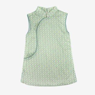 2023 New Summer Tang Suit Green Printed Girls' Hanfu Chinese Style Sleeveless Dress Trendy Cheongsam