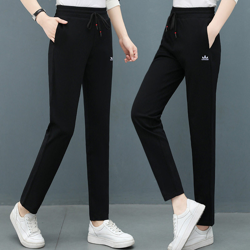 High Cotton Fashion Casual Sports Long Pants for Women, Spring and Autumn Drawstring Elastic High-Waisted Solid Color Middle-Aged Mom's Slim-Fit Sweatpants