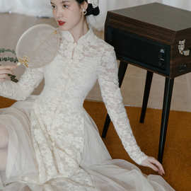 新中式女装国风改良旗袍年轻款少女蕾丝吊带裙民国小洋装两件套秋